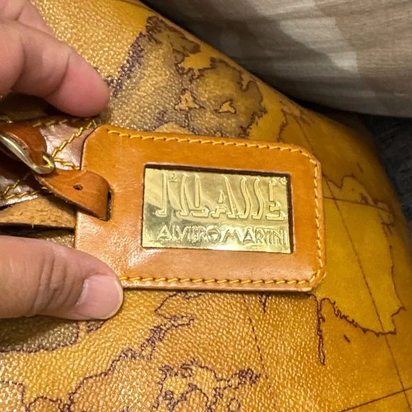 Alviero Martini Tan Map Print Shoulder Bag with Zipper Closure